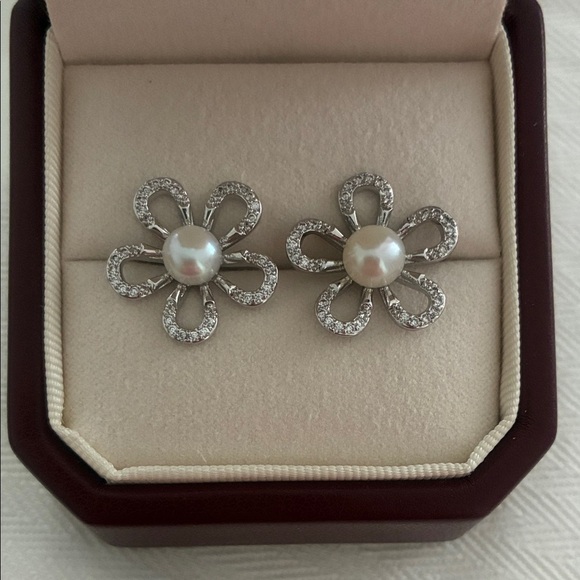 Handmade Jewelry - Silver Flower Pearl Earrings | Sterling Silver Posts | Holiday Gift for Her